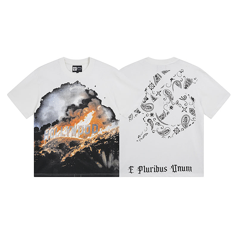 Camiseta blanca lavada Rock Street Vintage para hombre (estampado artesanal) 3007