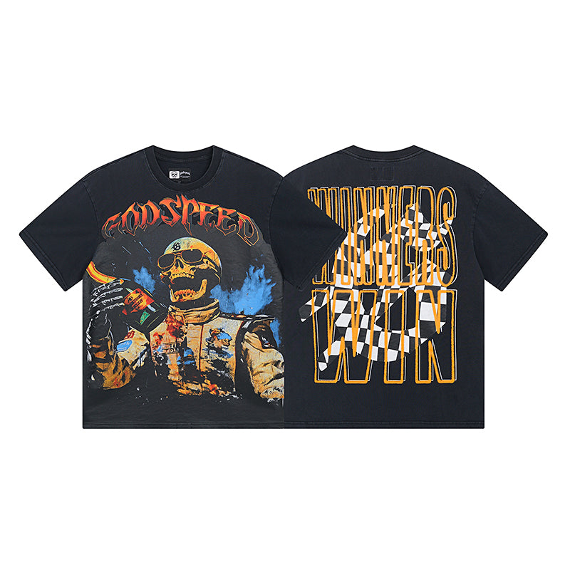 Camiseta negra lavada Street Vintage para hombre (estampado artesanal) 1016