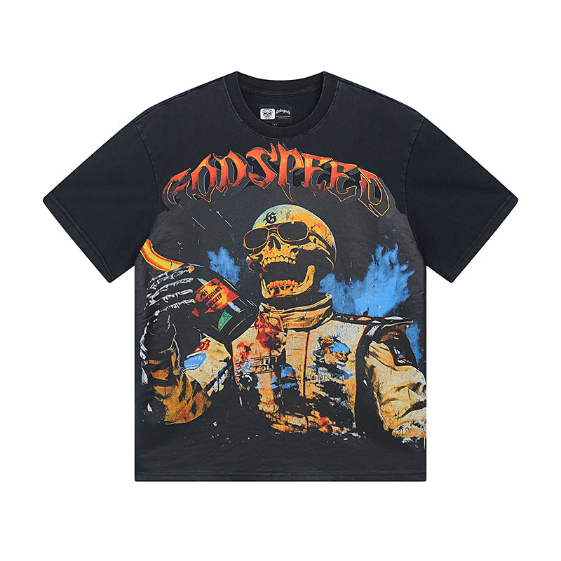 Camiseta negra lavada Street Vintage para hombre (estampado artesanal) 1016