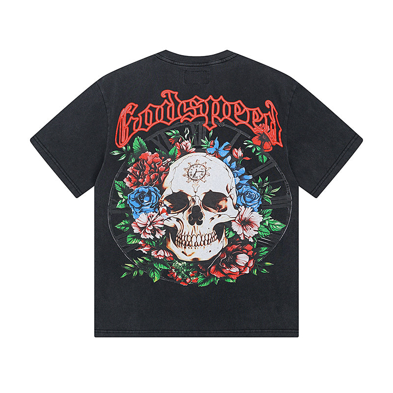 Camiseta negra lavada Street Vintage para hombre (estampado artesanal) 1019