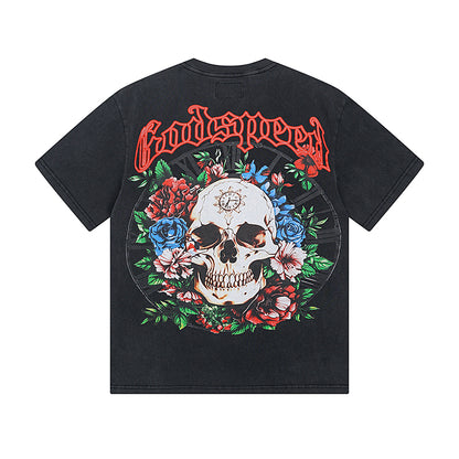 Camiseta negra lavada Street Vintage para hombre (estampado artesanal) 1019