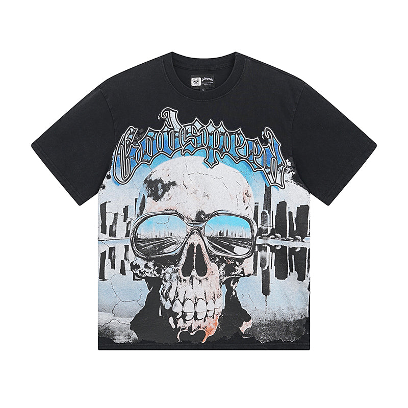 Camiseta negra lavada Street Vintage para hombre (estampado artesanal) 1037