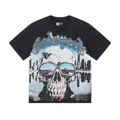 Camiseta negra lavada Street Vintage para hombre (estampado artesanal) 1037