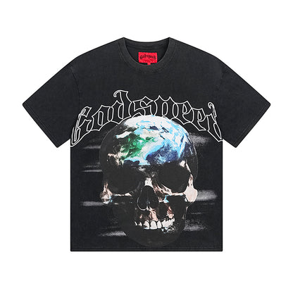 Camiseta negra lavada Street Vintage para hombre (estampado artesanal) 1053