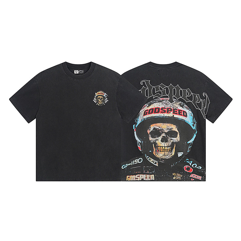 Camiseta negra lavada estilo street vintage para hombre (estampado artesanal) 1076