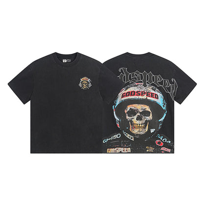 Camiseta negra lavada estilo street vintage para hombre (estampado artesanal) 1076