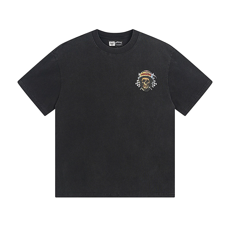Camiseta negra lavada estilo street vintage para hombre (estampado artesanal) 1076
