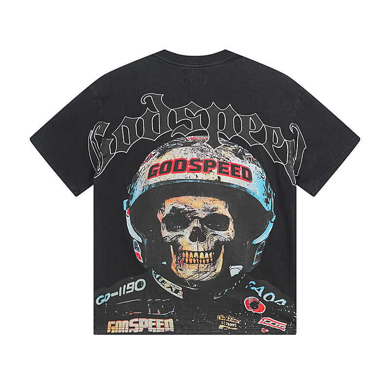 Camiseta negra lavada estilo street vintage para hombre (estampado artesanal) 1076