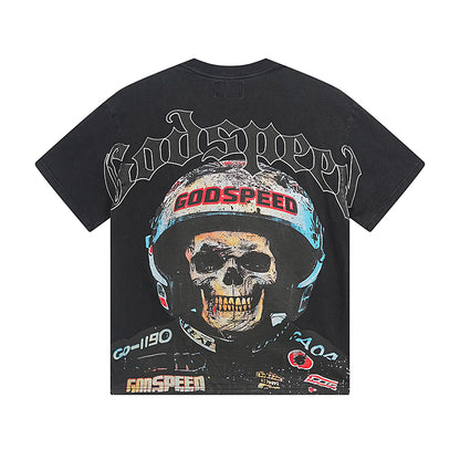 Camiseta negra lavada estilo street vintage para hombre (estampado artesanal) 1076