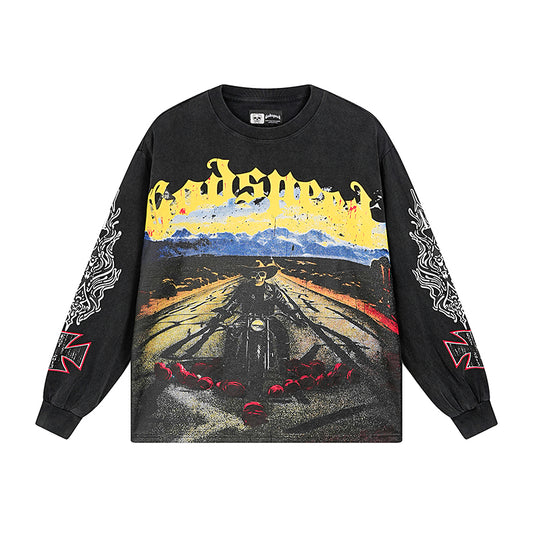 Black Street Vintage Washed Long Sleeve T-Shirt (Crafted Print) 1100
