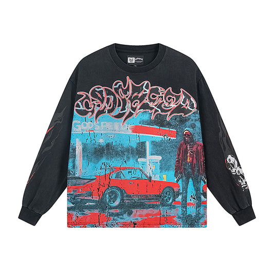 Blue & Black Street Vintage Washed Long Sleeve T-Shirt (Crafted Print) 1101
