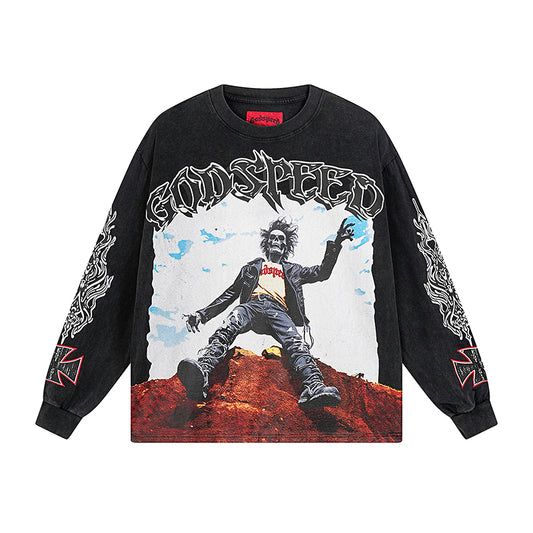 Black Street Vintage Washed Long Sleeve T-Shirt (Crafted Print) 1103