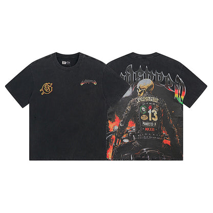 Camiseta negra lavada Street Vintage para hombre (estampado artesanal) 1136