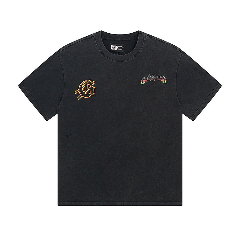 Camiseta negra lavada Street Vintage para hombre (estampado artesanal) 1136