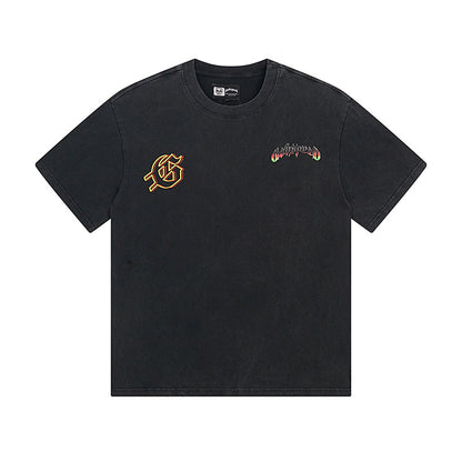 Camiseta negra lavada Street Vintage para hombre (estampado artesanal) 1136