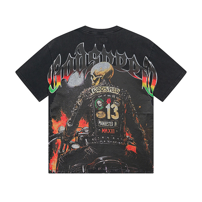 Camiseta negra lavada Street Vintage para hombre (estampado artesanal) 1136