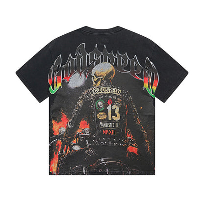 Camiseta negra lavada Street Vintage para hombre (estampado artesanal) 1136