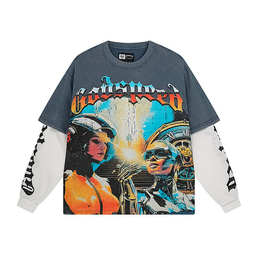 Blue & Black Street Vintage Washed Layered T-Shirt (Crafted Print) 1153