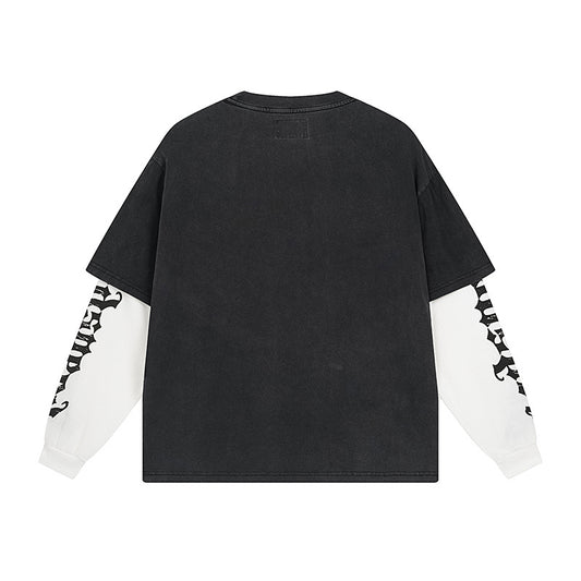 Camiseta negra de calle vintage lavada con capas para hombre (estampado artesanal) 1156