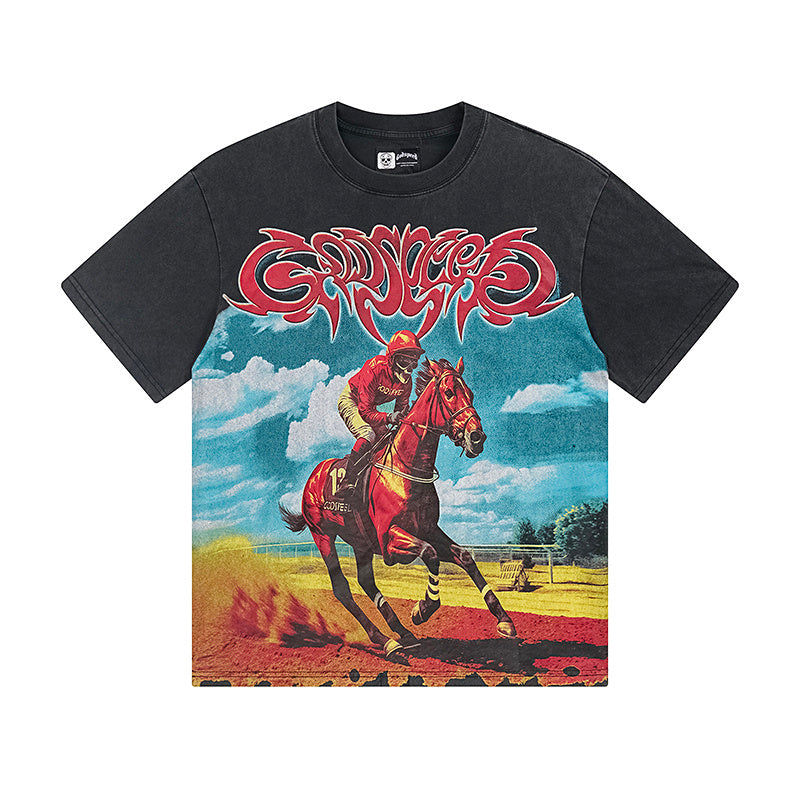 Camiseta negra lavada estilo street vintage para hombre (estampado artesanal) 1161