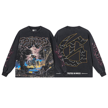 Camiseta de manga larga lavada vintage negra para hombre (estampado artesanal) 1173
