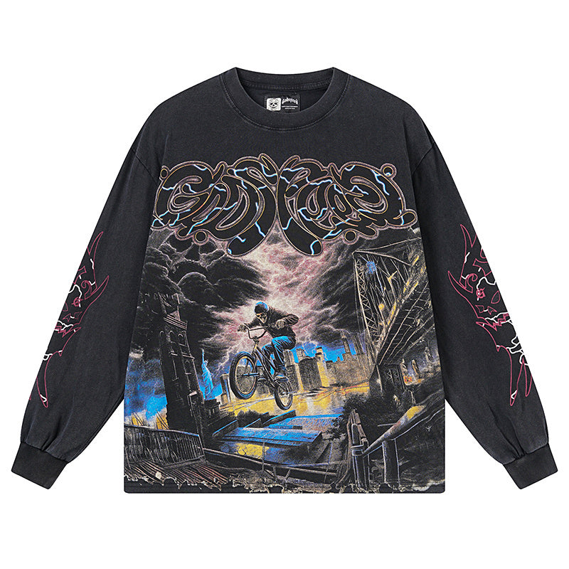Camiseta de manga larga lavada vintage negra para hombre (estampado artesanal) 1173