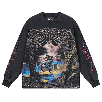 Camiseta de manga larga lavada vintage negra para hombre (estampado artesanal) 1173
