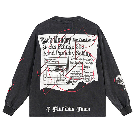 Camiseta de manga larga lavada vintage negra para hombre (estampado artesanal) 1175