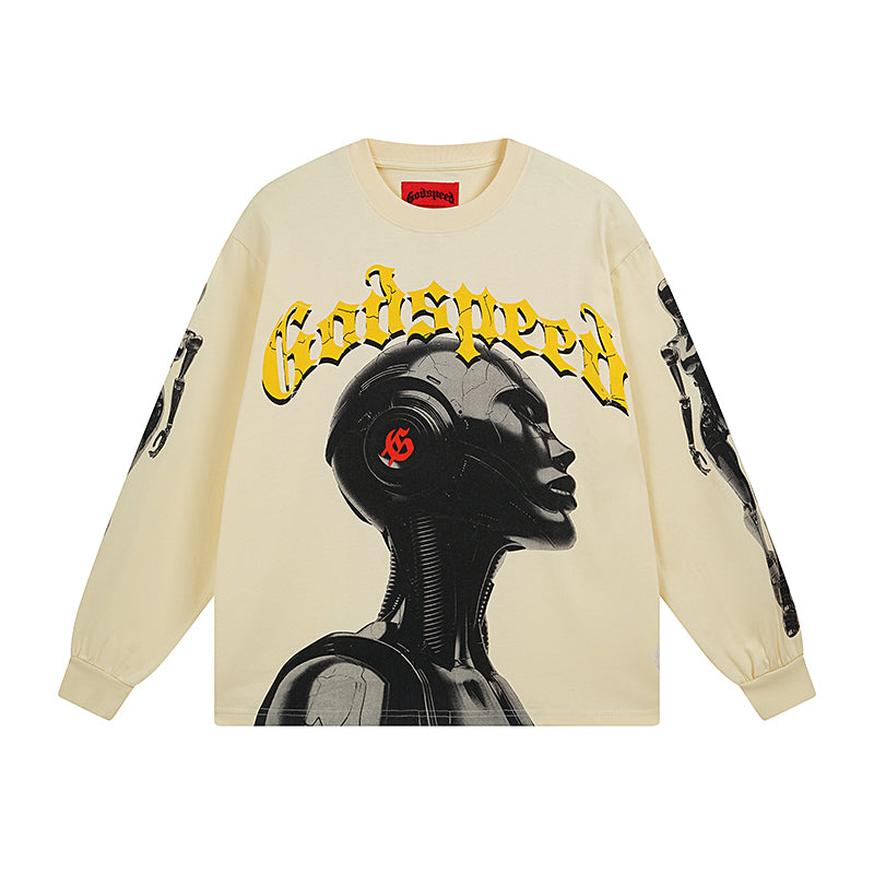 White & Beige Street Vintage Washed Long Sleeve T-Shirt (Crafted Print) 3096