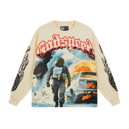 Beige Street Vintage Washed Long Sleeve T-Shirt (Crafted Print) 3098