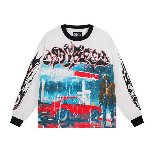Beige & White Street Vintage Washed Long Sleeve T-Shirt (Crafted Print) 3101
