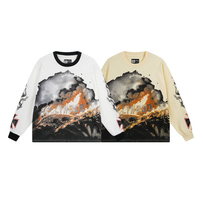 T-shirt à manches longues pour homme, blanc et beige, style vintage, imprimé artisanal, référence 3107