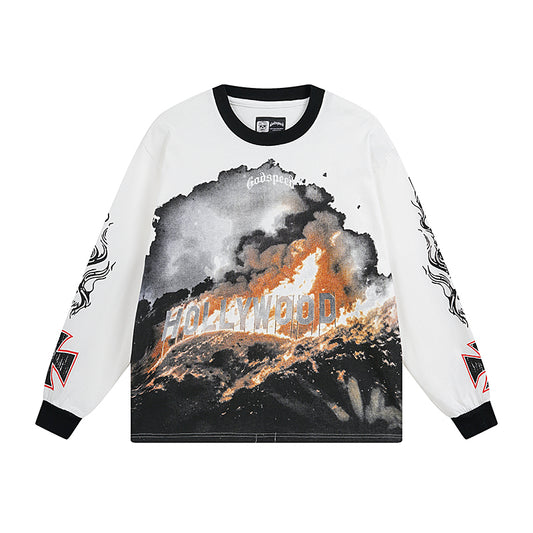 White & Beige Street Vintage Washed Long Sleeve T-Shirt (Crafted Print) 3107
