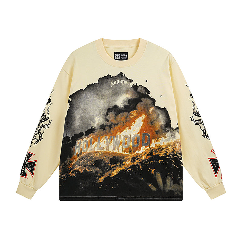 T-shirt à manches longues pour homme, blanc et beige, style vintage, imprimé artisanal, référence 3107