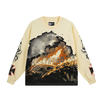 T-shirt à manches longues pour homme, blanc et beige, style vintage, imprimé artisanal, référence 3107