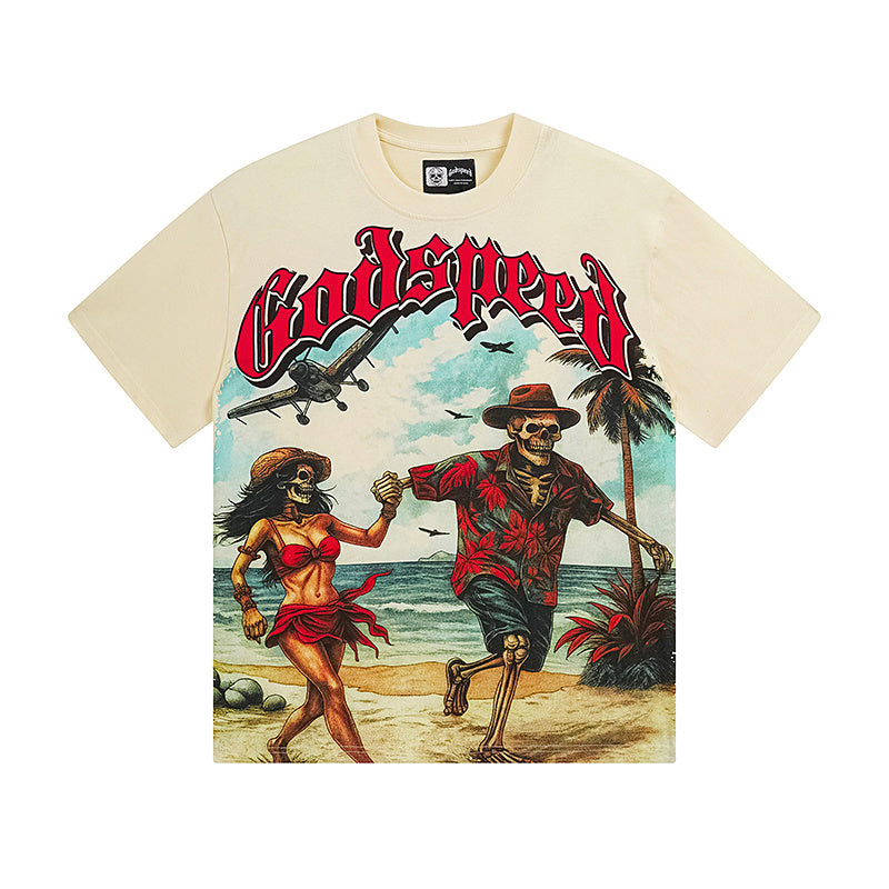 Camiseta beige vintage lavada para hombre (estampado artesanal) 3152