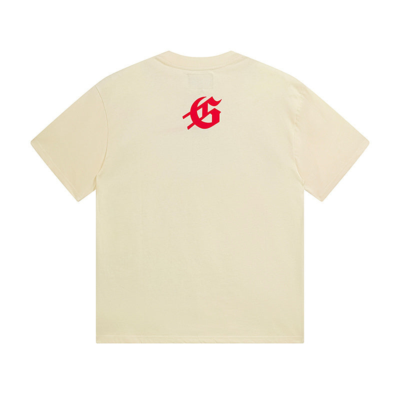 Camiseta beige vintage lavada para hombre (estampado artesanal) 3152