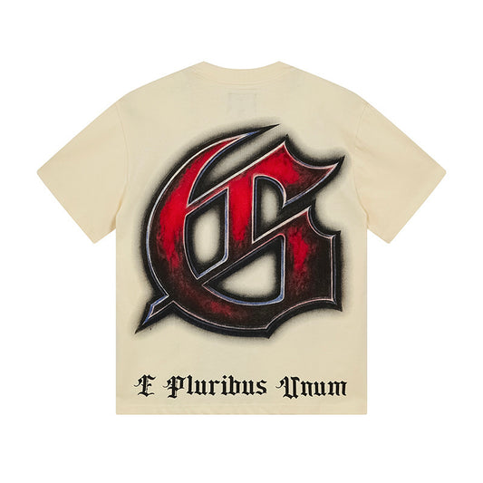 Camiseta beige vintage lavada para hombre (estampado artesanal) 3160