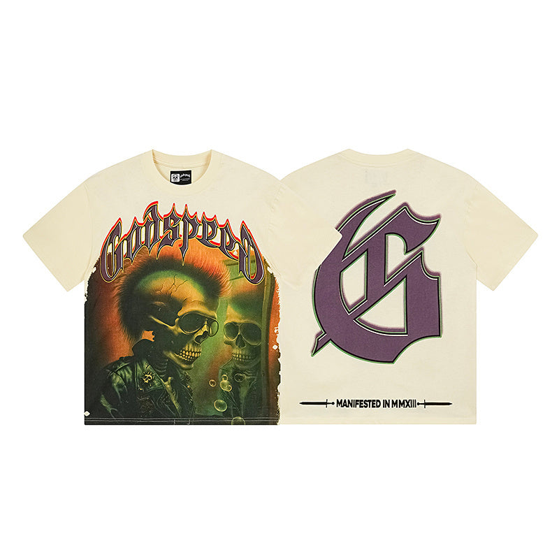 Camiseta beige vintage lavada para hombre (estampado artesanal) 3169