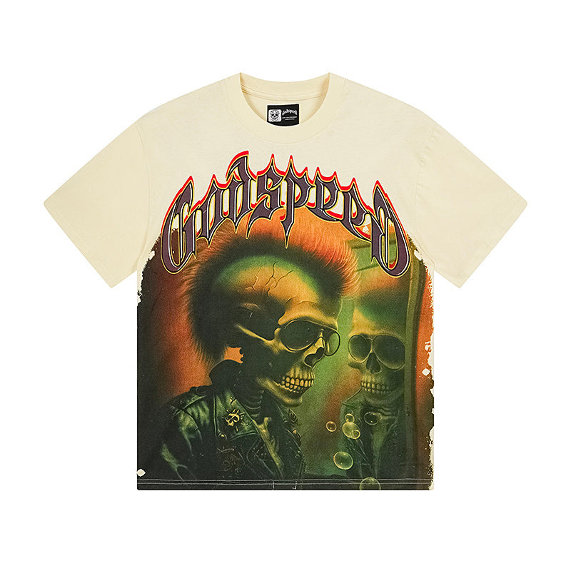 Camiseta beige vintage lavada para hombre (estampado artesanal) 3169
