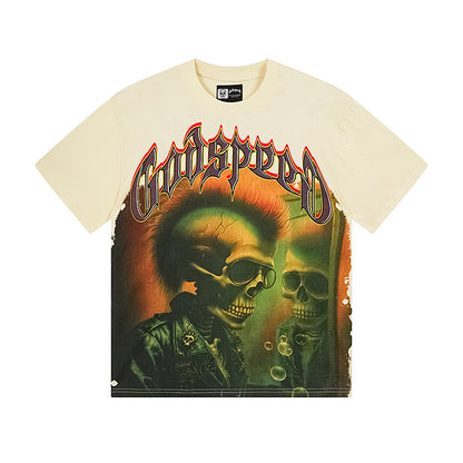 Camiseta beige vintage lavada para hombre (estampado artesanal) 3169