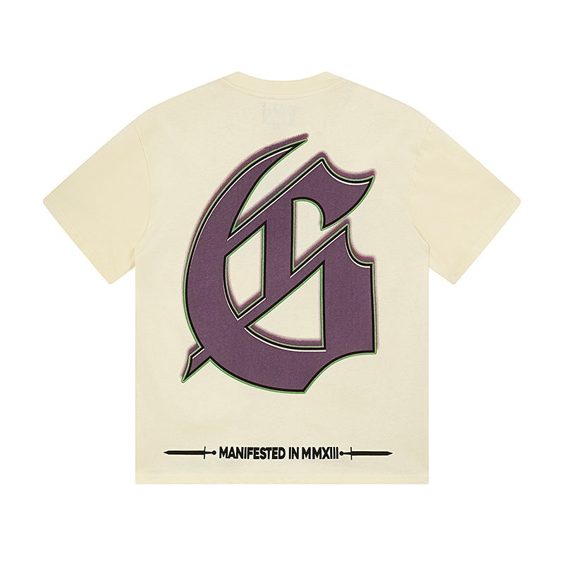 Camiseta beige vintage lavada para hombre (estampado artesanal) 3169