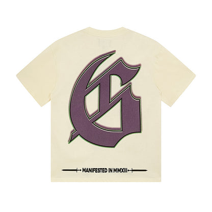 Camiseta beige vintage lavada para hombre (estampado artesanal) 3169