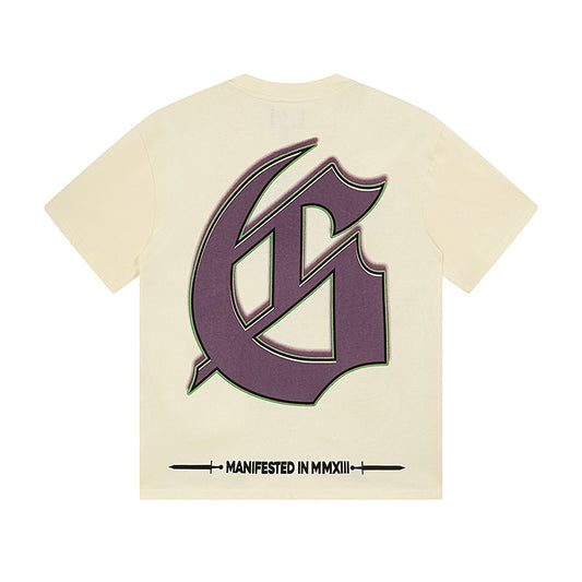 Camiseta beige vintage lavada para hombre (estampado artesanal) 3169