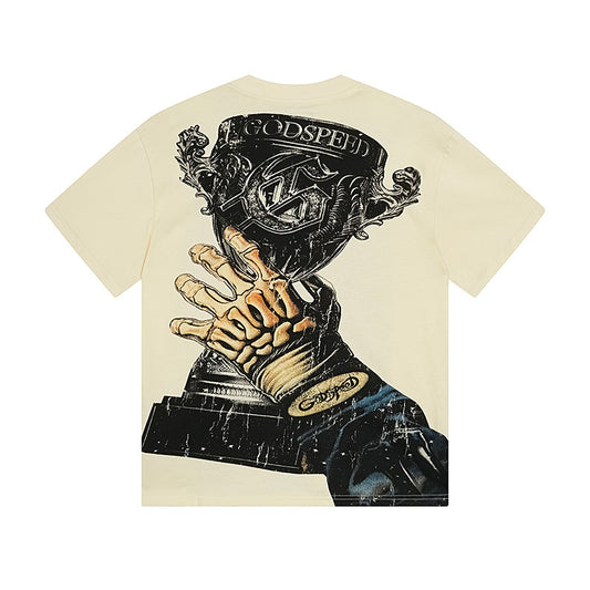 Camiseta beige vintage lavada para hombre (estampado artesanal) 3171