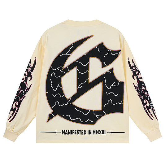 Camiseta de manga larga lavada vintage beige para hombre (estampado artesanal) 3173