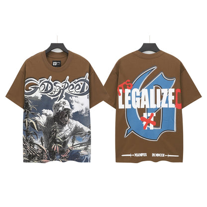 Gold & Blue & Coffee Street Vintage Washed T-Shirt (Crafted Print) 5100