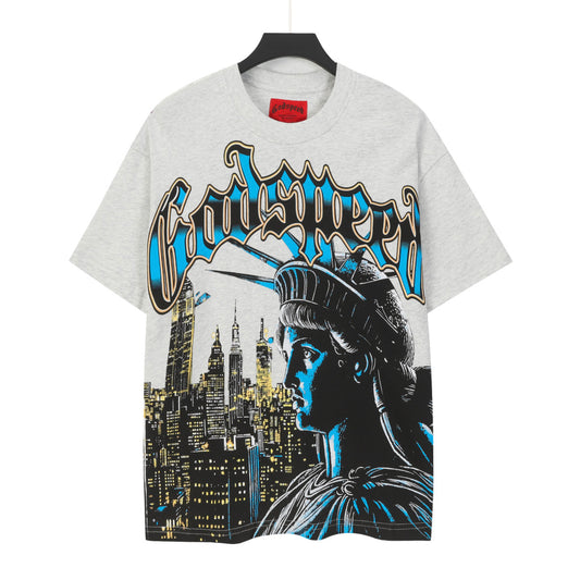 Camiseta lavada vintage de calle gris para hombre (estampado artesanal) 5105