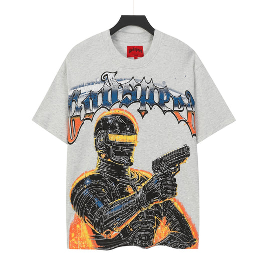 Camiseta lavada vintage de calle gris para hombre (estampado artesanal) 5106