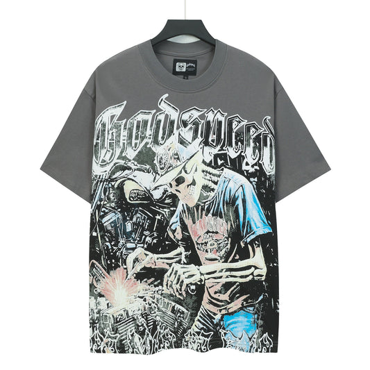 Camiseta lavada vintage de calle gris para hombre (estampado artesanal) 5118